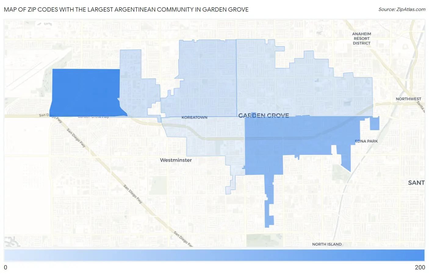 Zip Codes with the Largest Argentinean Community in Garden Grove Map