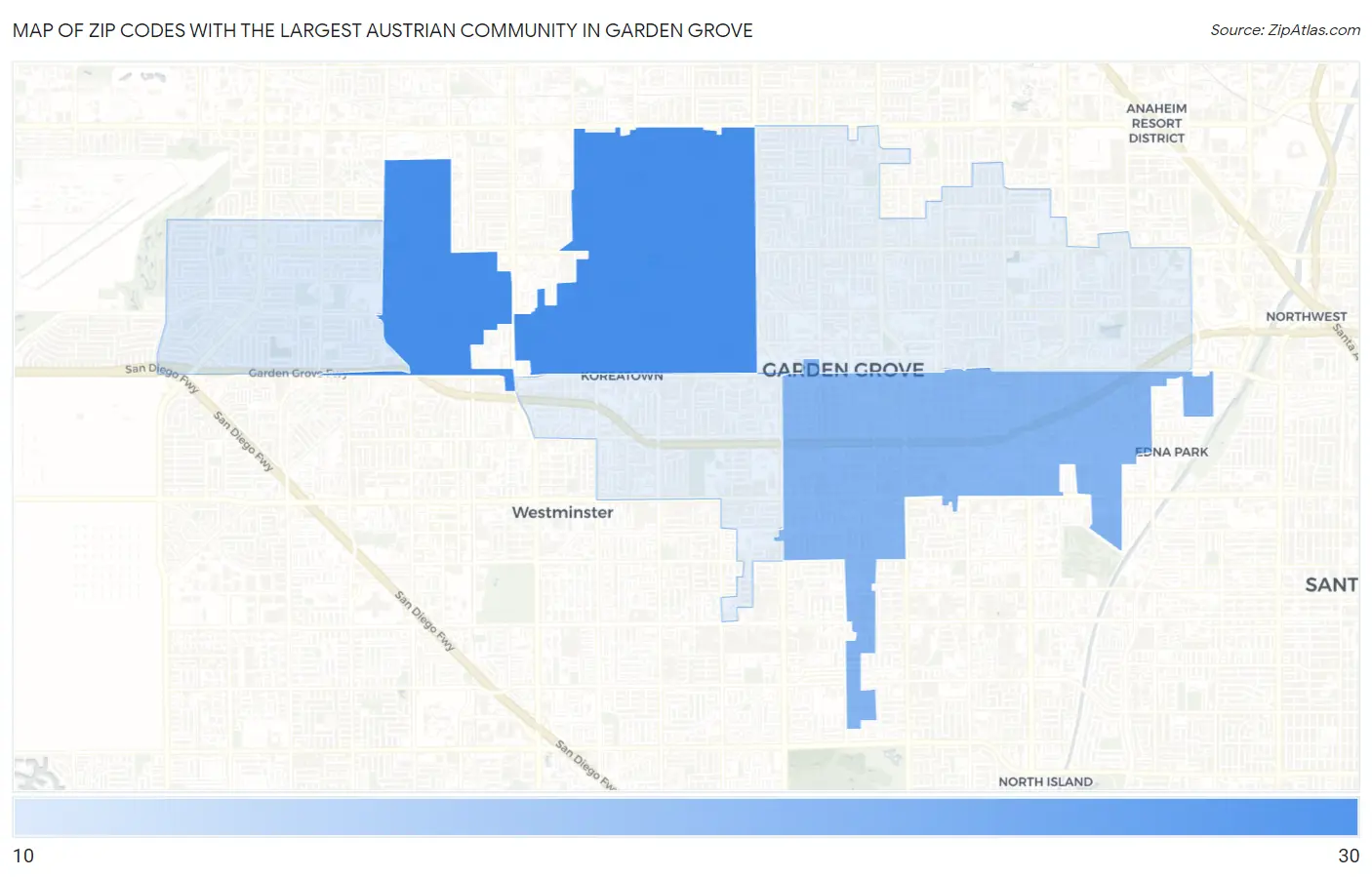 Zip Codes with the Largest Austrian Community in Garden Grove Map