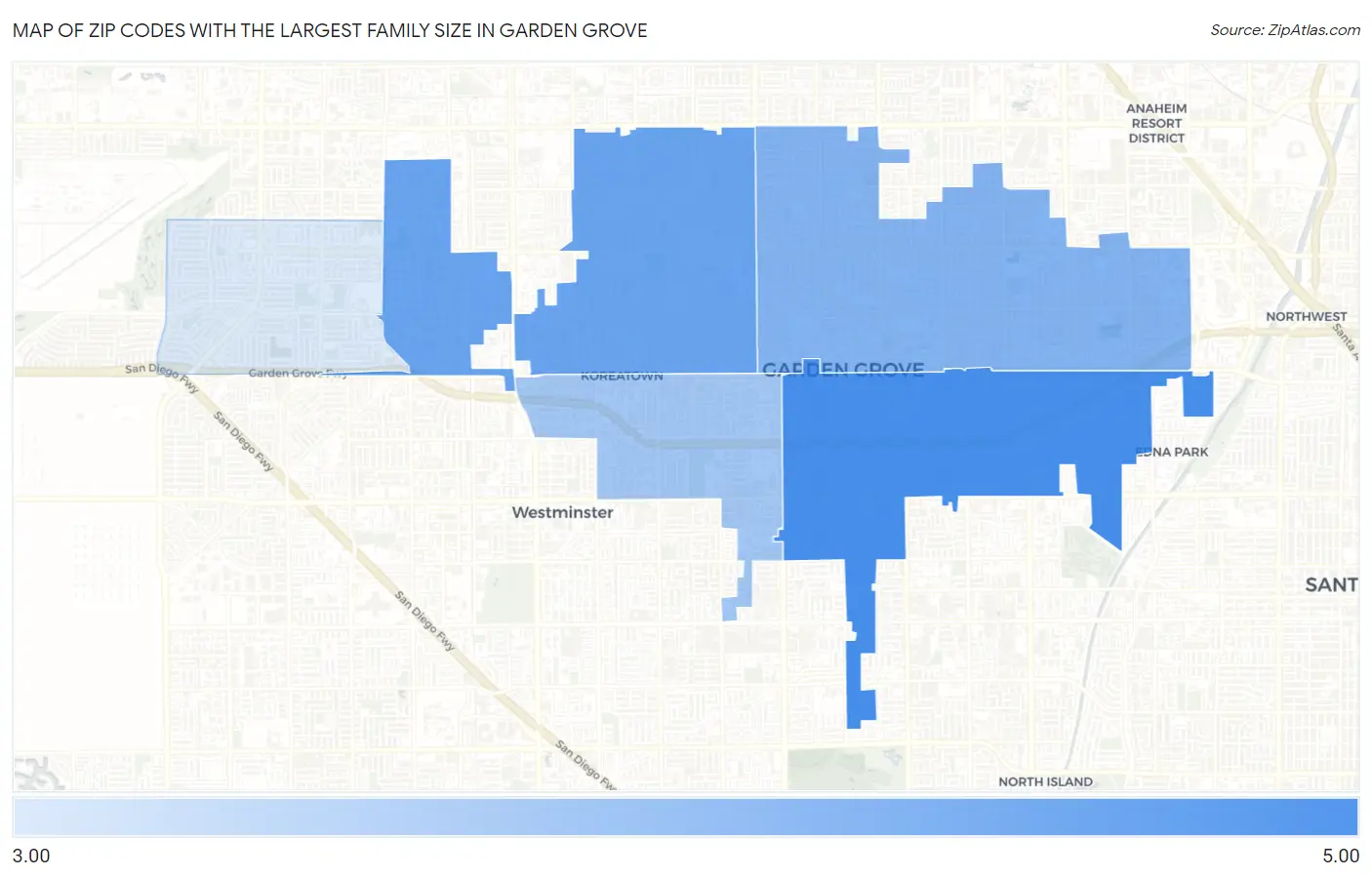 Zip Codes with the Largest Family Size in Garden Grove Map