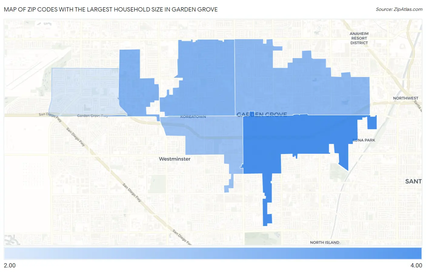 Zip Codes with the Largest Household Size in Garden Grove Map