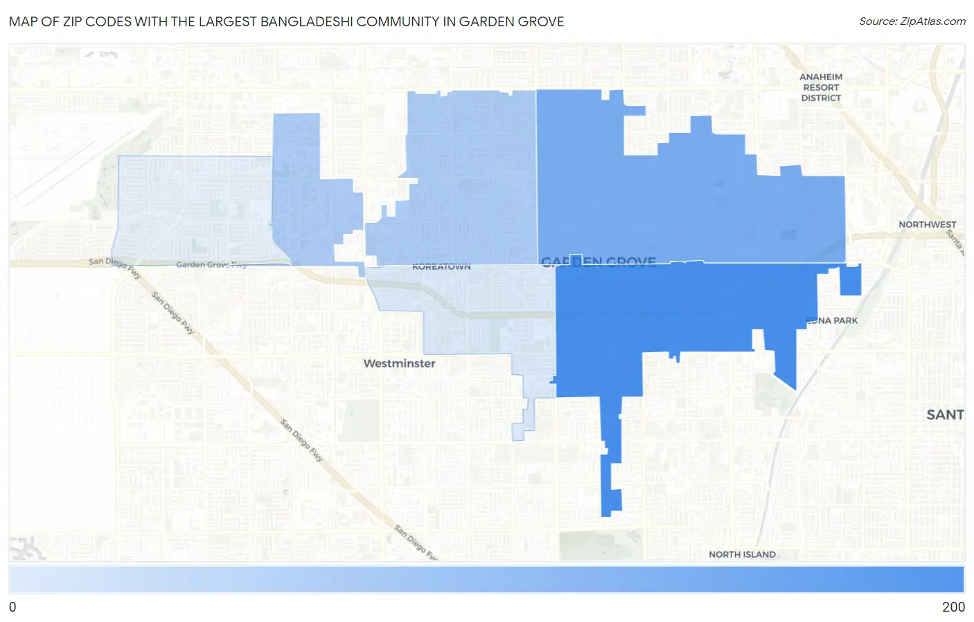 Zip Codes with the Largest Bangladeshi Community in Garden Grove Map