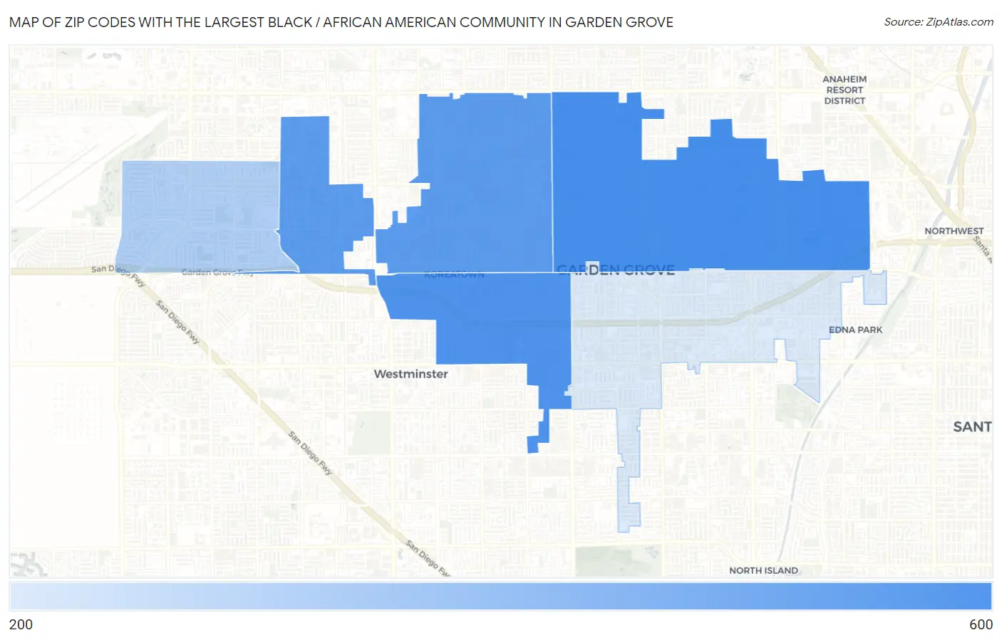 Zip Codes with the Largest Black / African American Community in Garden Grove Map