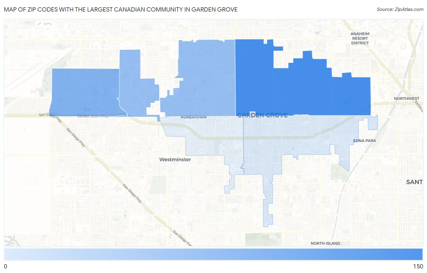 Zip Codes with the Largest Canadian Community in Garden Grove Map