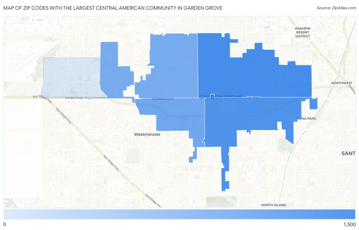 Zip Codes with the Largest Central American Community in Garden Grove Map