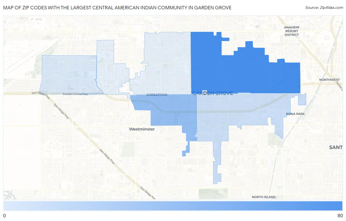 Zip Codes with the Largest Central American Indian Community in Garden Grove Map