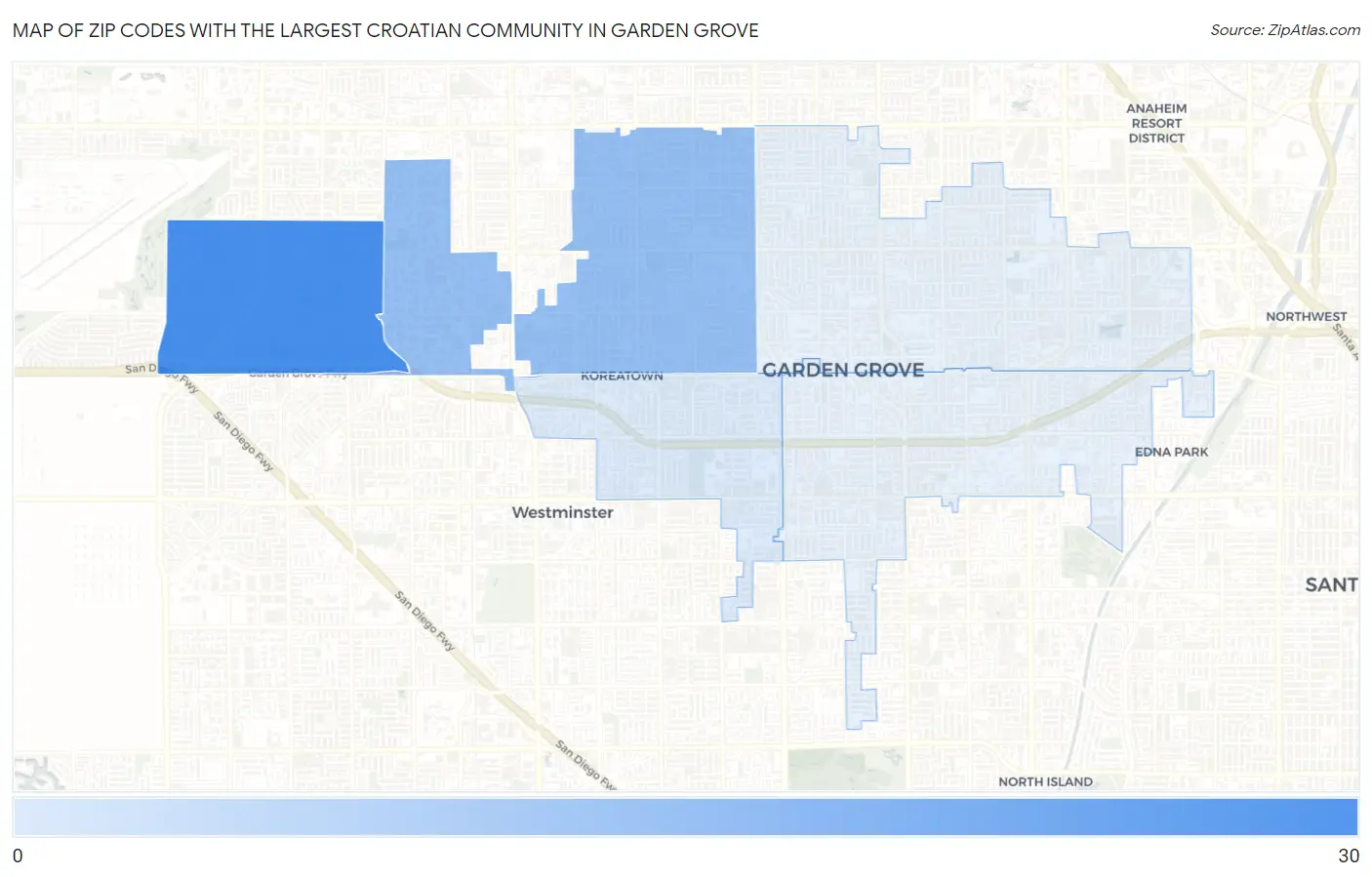Zip Codes with the Largest Croatian Community in Garden Grove Map
