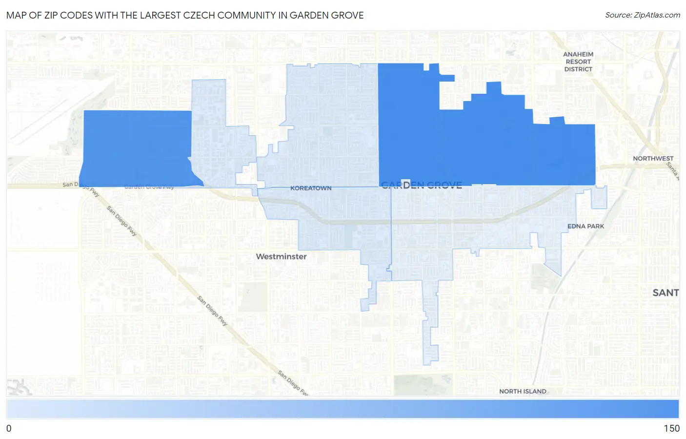 Zip Codes with the Largest Czech Community in Garden Grove Map