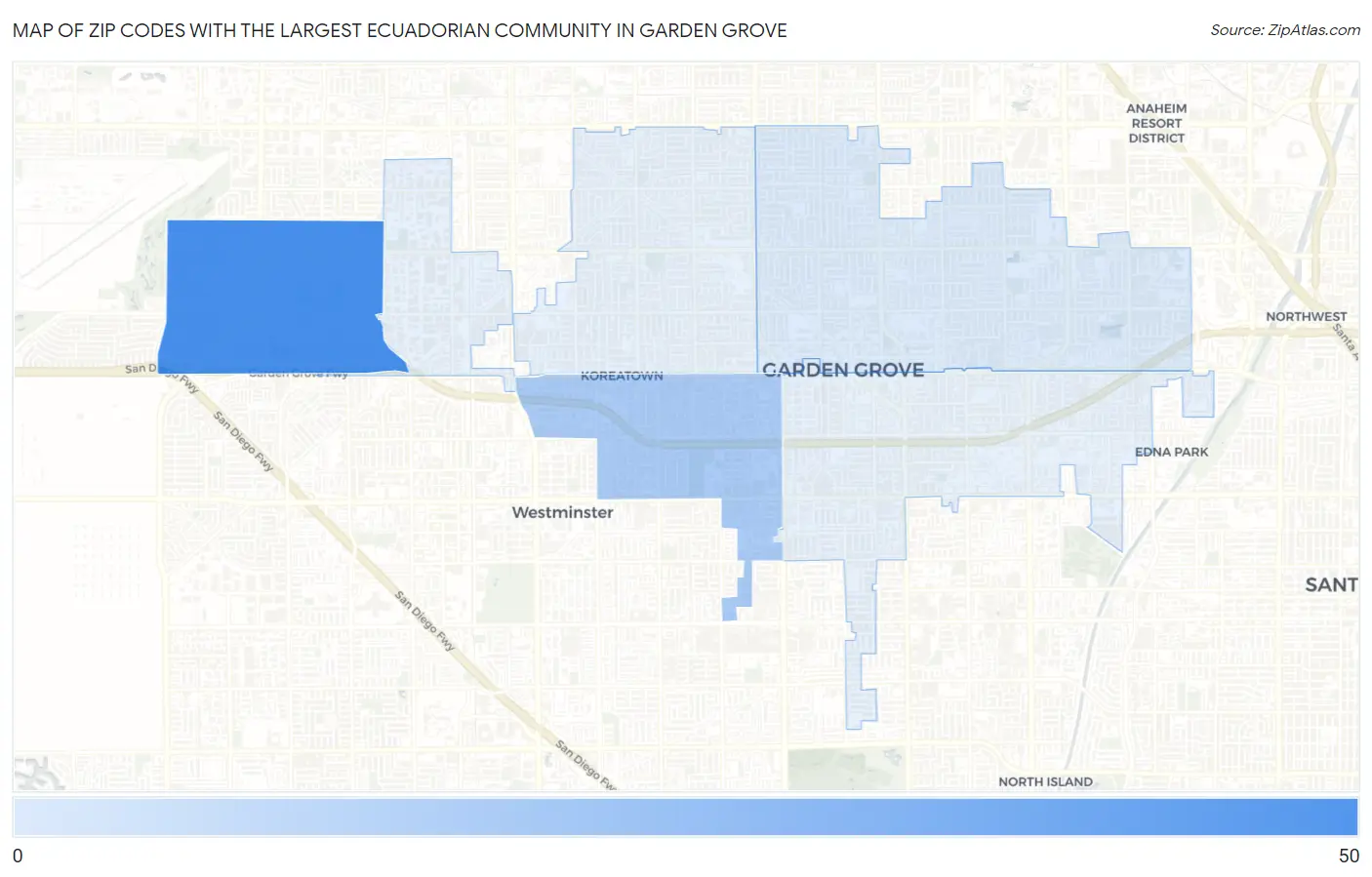 Zip Codes with the Largest Ecuadorian Community in Garden Grove Map