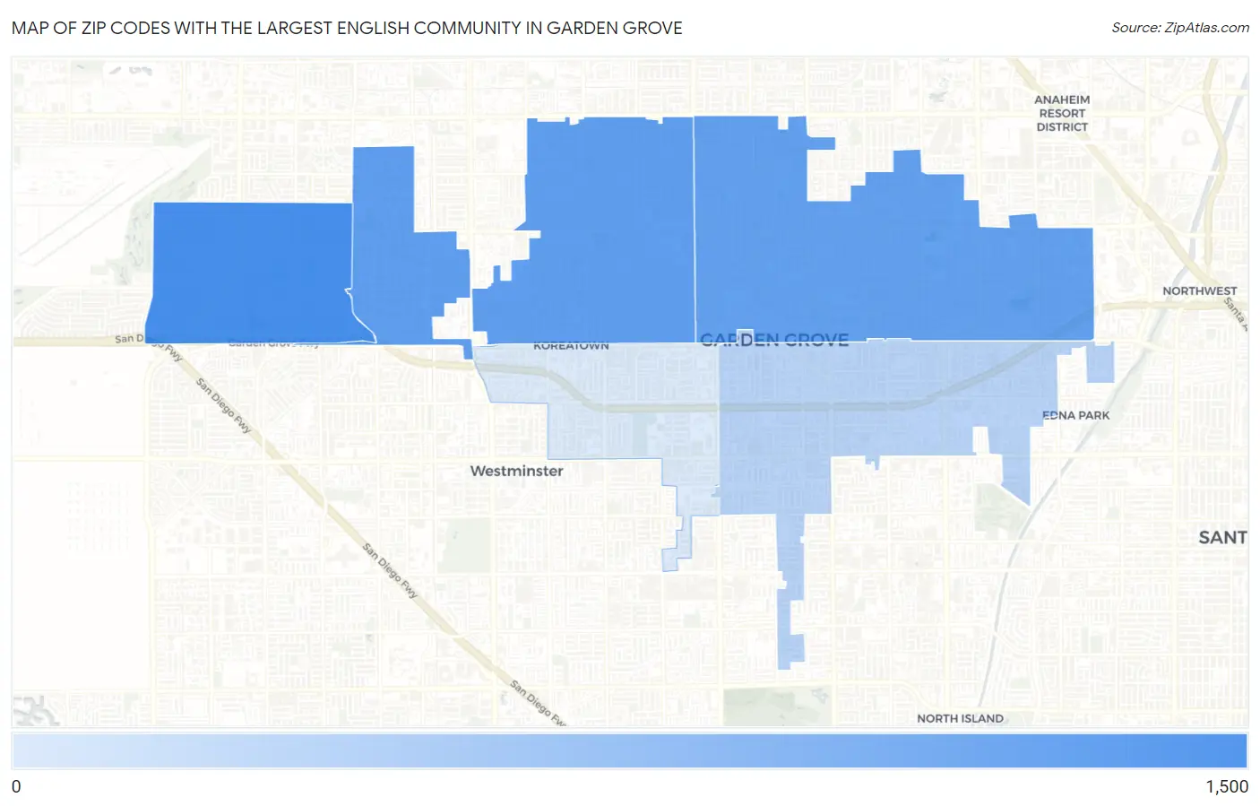 Zip Codes with the Largest English Community in Garden Grove Map