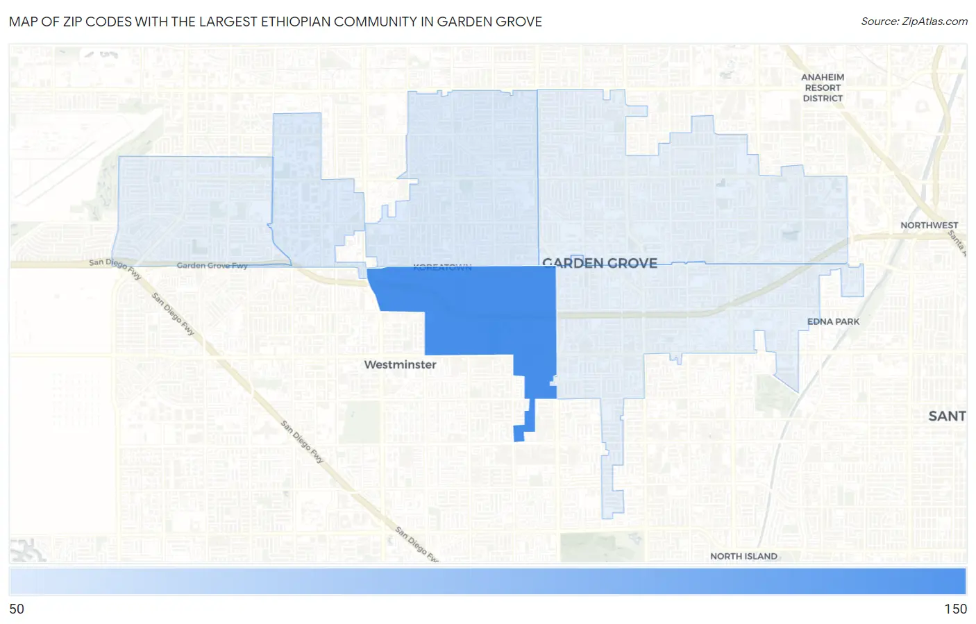 Zip Codes with the Largest Ethiopian Community in Garden Grove Map