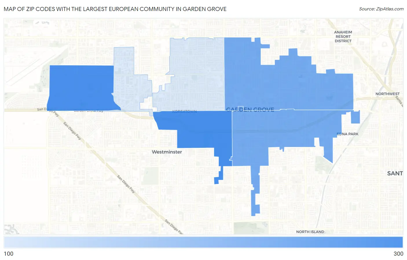 Zip Codes with the Largest European Community in Garden Grove Map