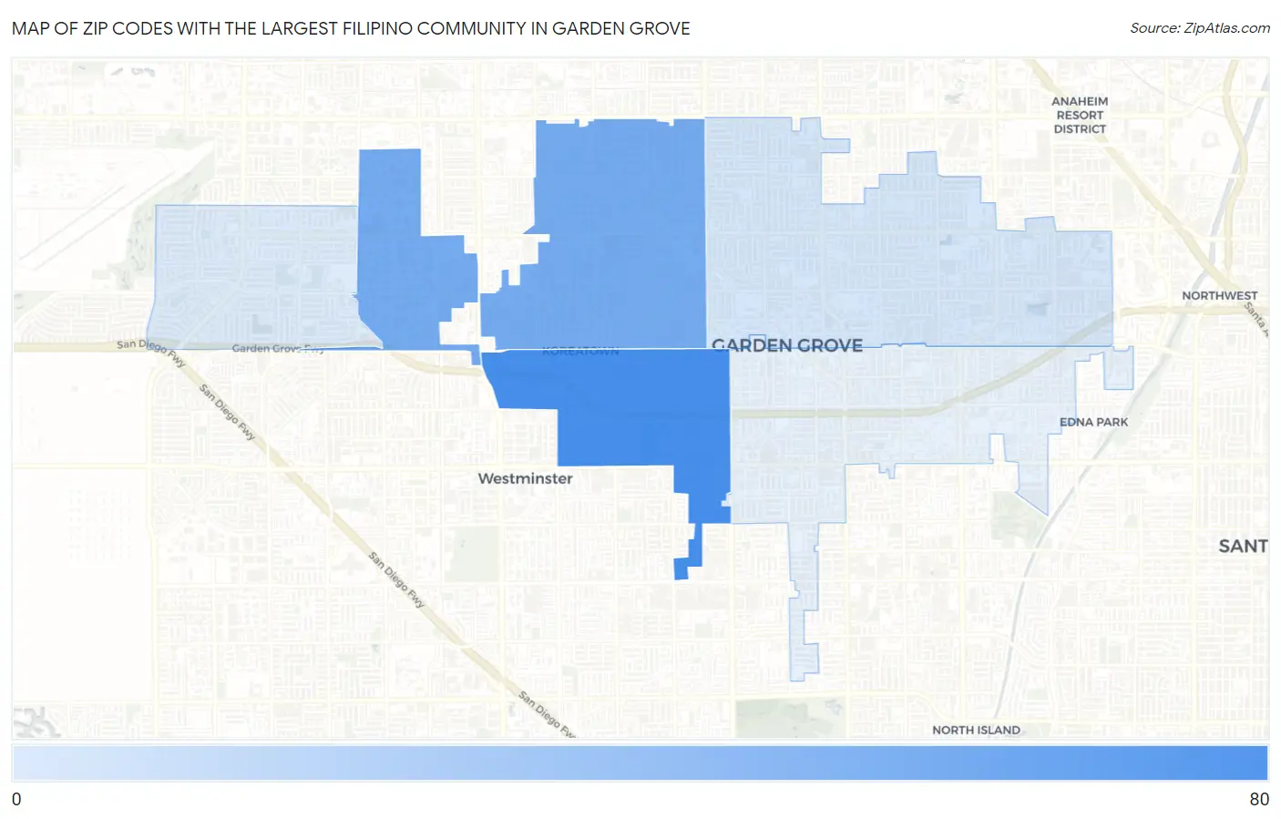 Zip Codes with the Largest Filipino Community in Garden Grove Map