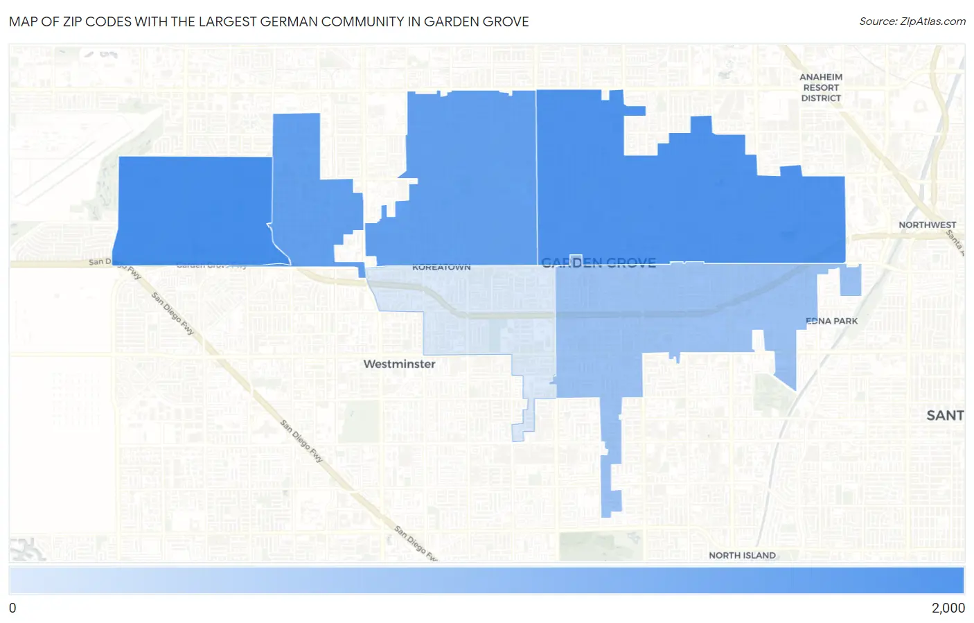 Zip Codes with the Largest German Community in Garden Grove Map