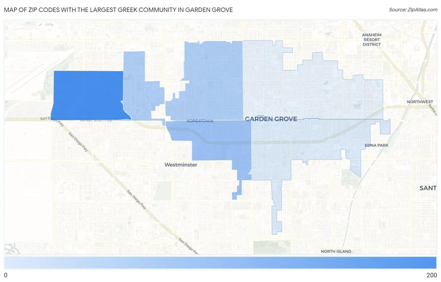 Zip Codes with the Largest Greek Community in Garden Grove Map
