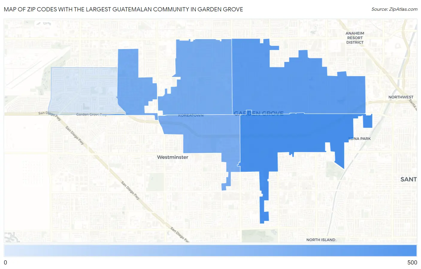 Zip Codes with the Largest Guatemalan Community in Garden Grove Map