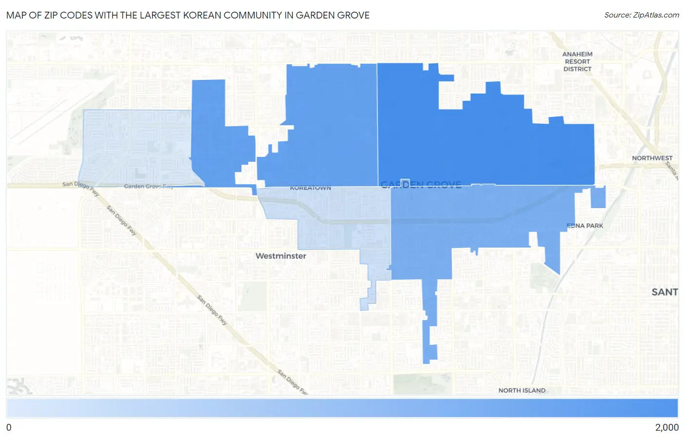 Zip Codes with the Largest Korean Community in Garden Grove Map