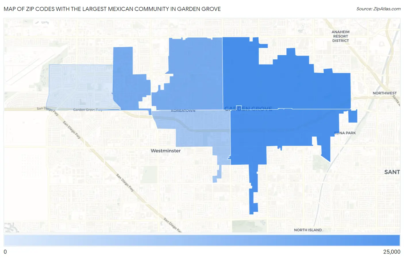 Zip Codes with the Largest Mexican Community in Garden Grove Map
