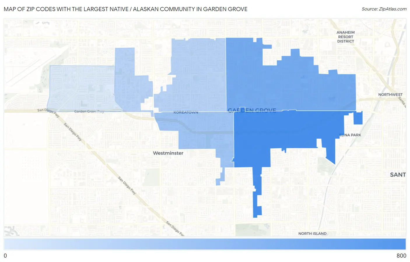 Zip Codes with the Largest Native / Alaskan Community in Garden Grove Map