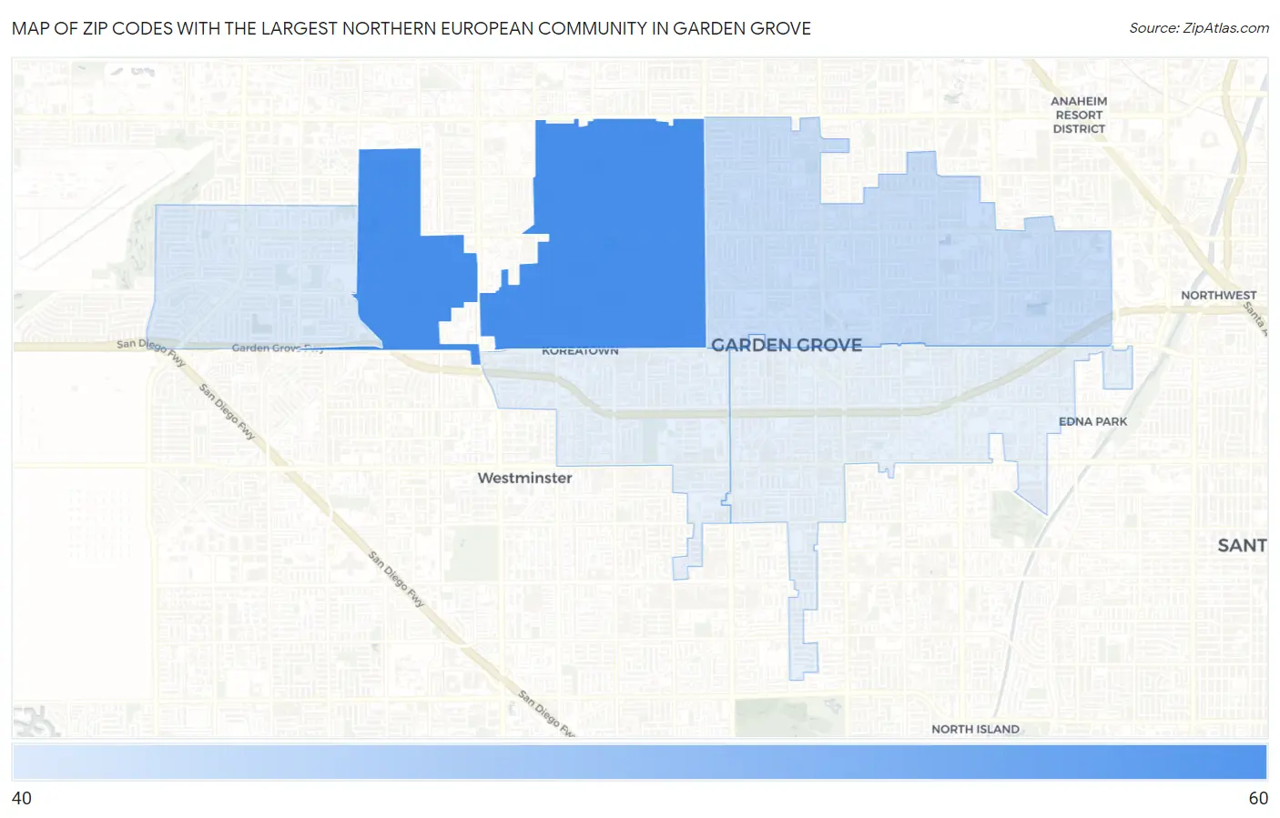 Zip Codes with the Largest Northern European Community in Garden Grove Map