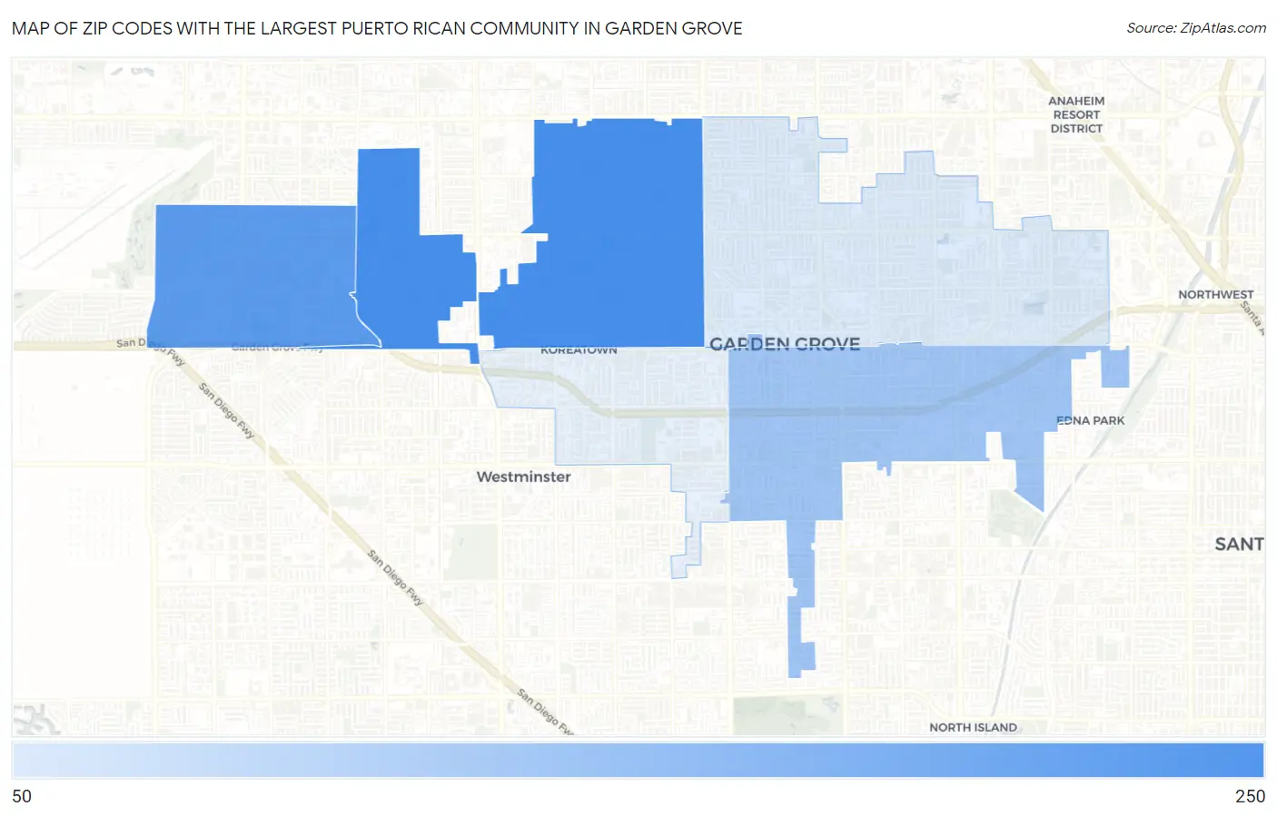 Zip Codes with the Largest Puerto Rican Community in Garden Grove Map