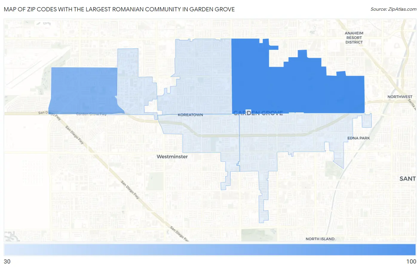 Zip Codes with the Largest Romanian Community in Garden Grove Map