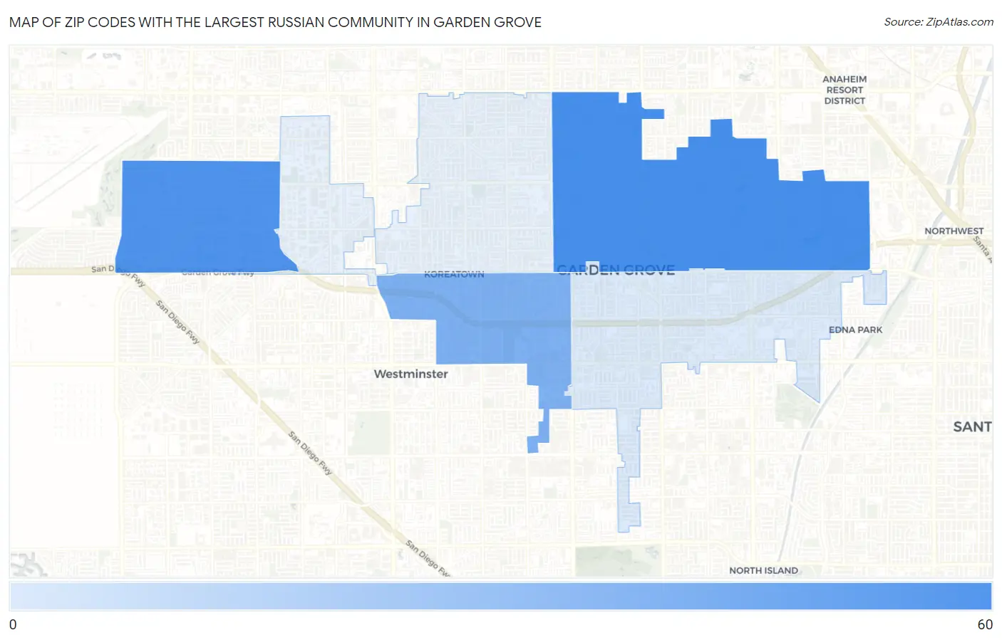 Zip Codes with the Largest Russian Community in Garden Grove Map