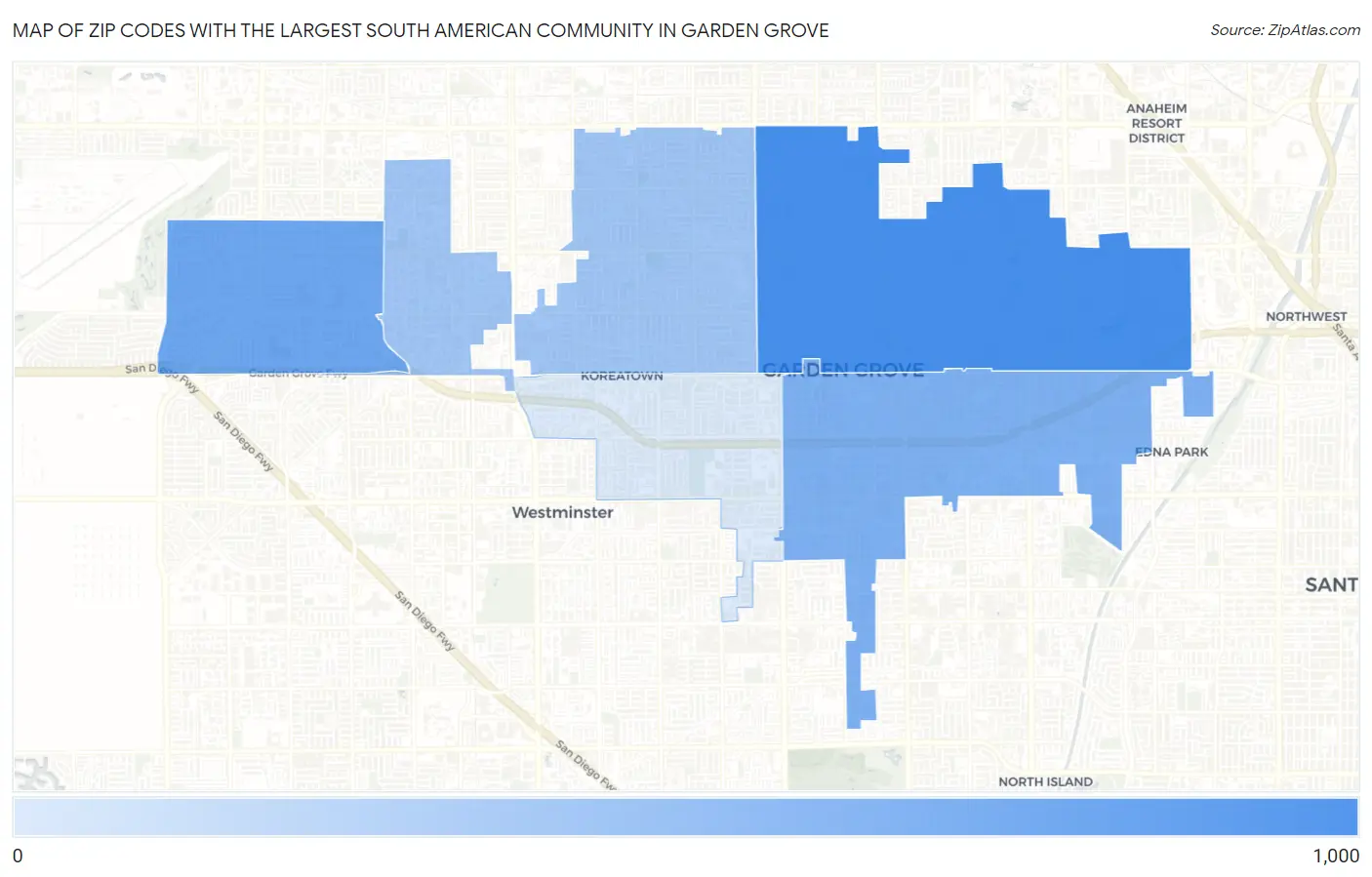 Zip Codes with the Largest South American Community in Garden Grove Map