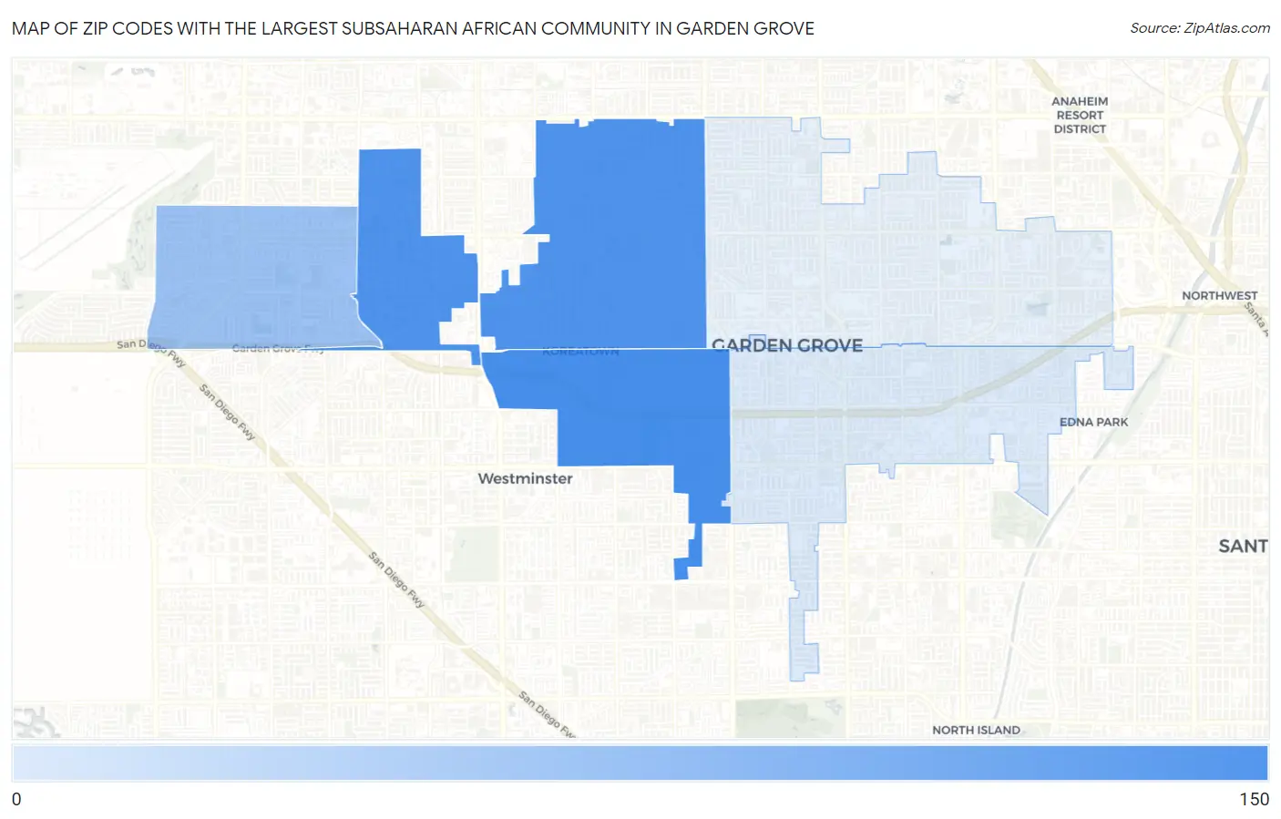 Zip Codes with the Largest Subsaharan African Community in Garden Grove Map