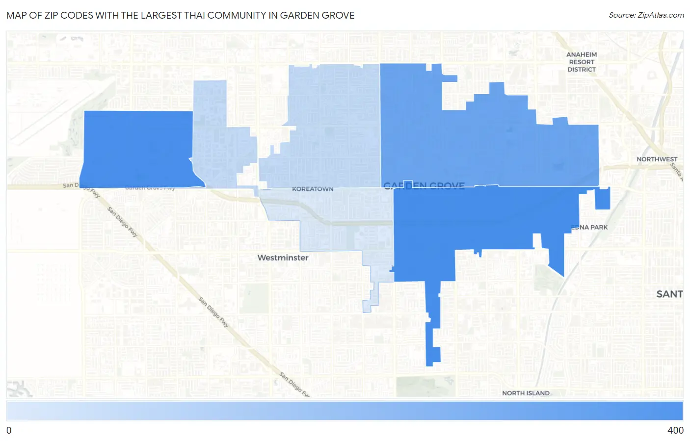Zip Codes with the Largest Thai Community in Garden Grove Map