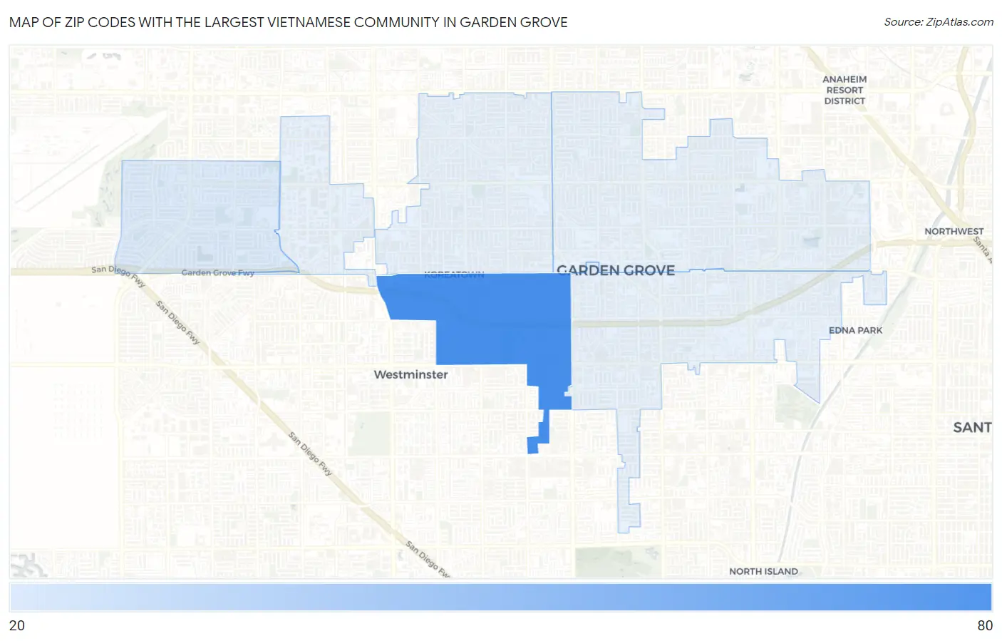 Zip Codes with the Largest Vietnamese Community in Garden Grove Map