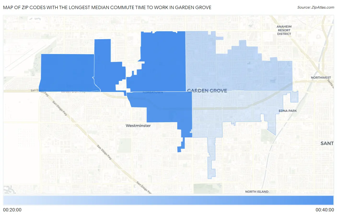 Zip Codes with the Longest Median Commute Time to Work in Garden Grove Map