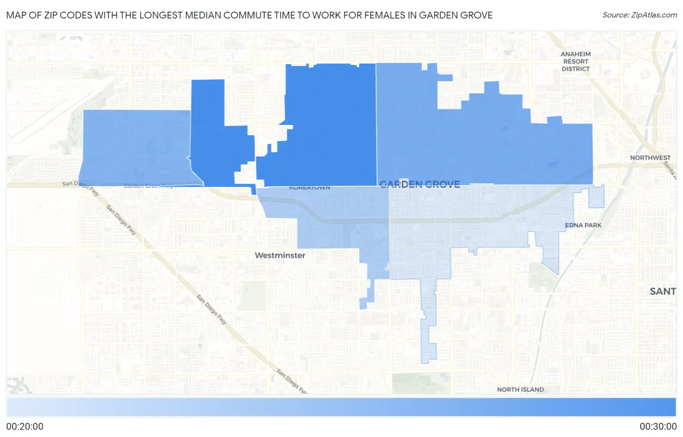 Zip Codes with the Longest Median Commute Time to Work for Females in Garden Grove Map