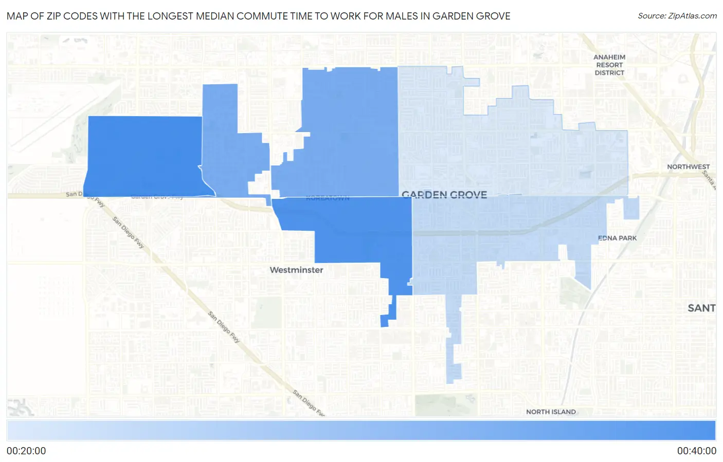 Zip Codes with the Longest Median Commute Time to Work for Males in Garden Grove Map