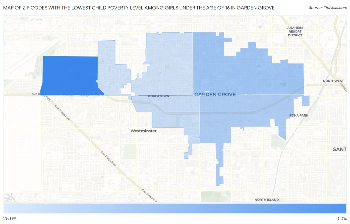 Zip Codes with the Lowest Child Poverty Level Among Girls Under the Age of 16 in Garden Grove Map