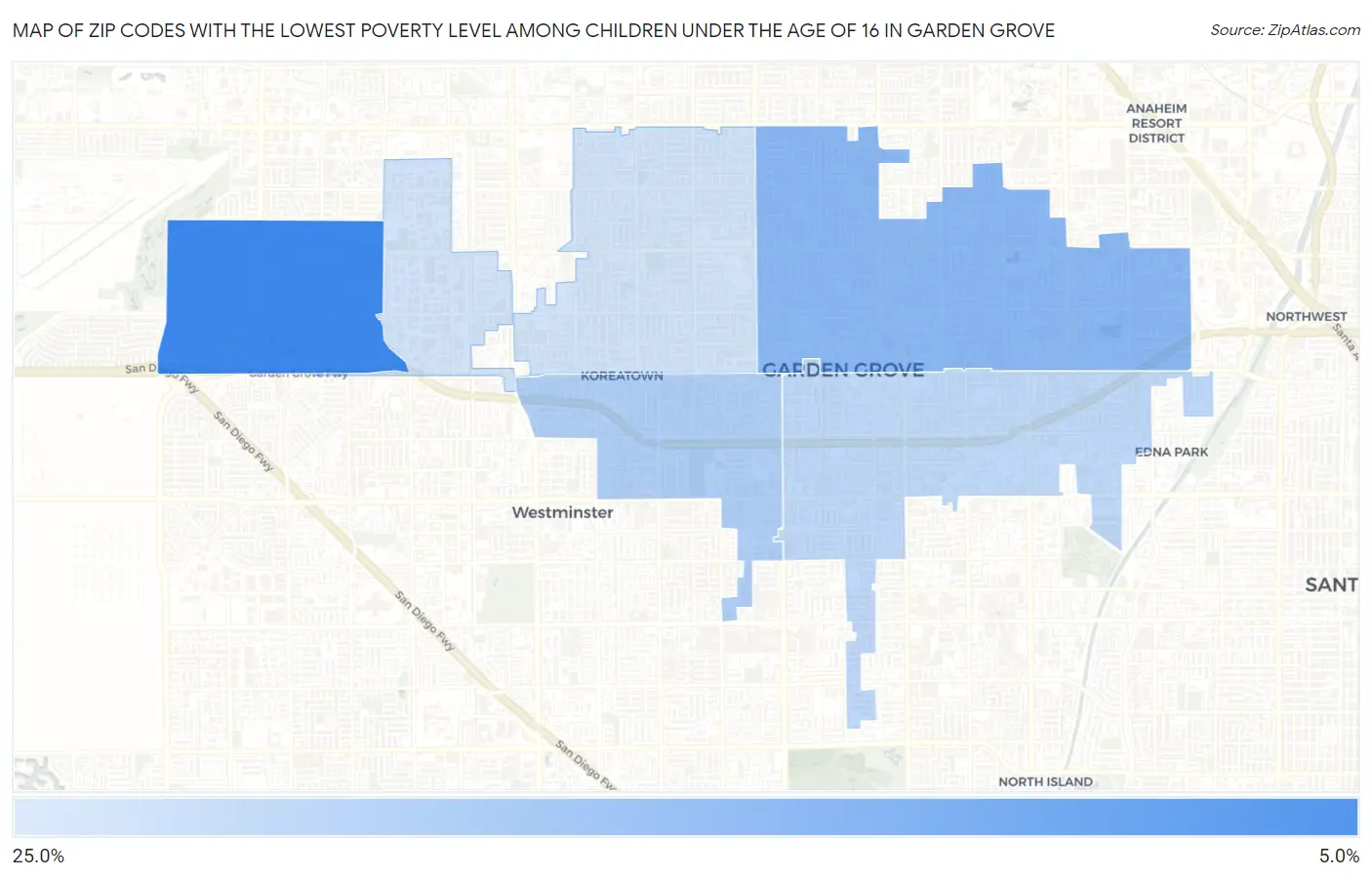 Zip Codes with the Lowest Poverty Level Among Children Under the Age of 16 in Garden Grove Map