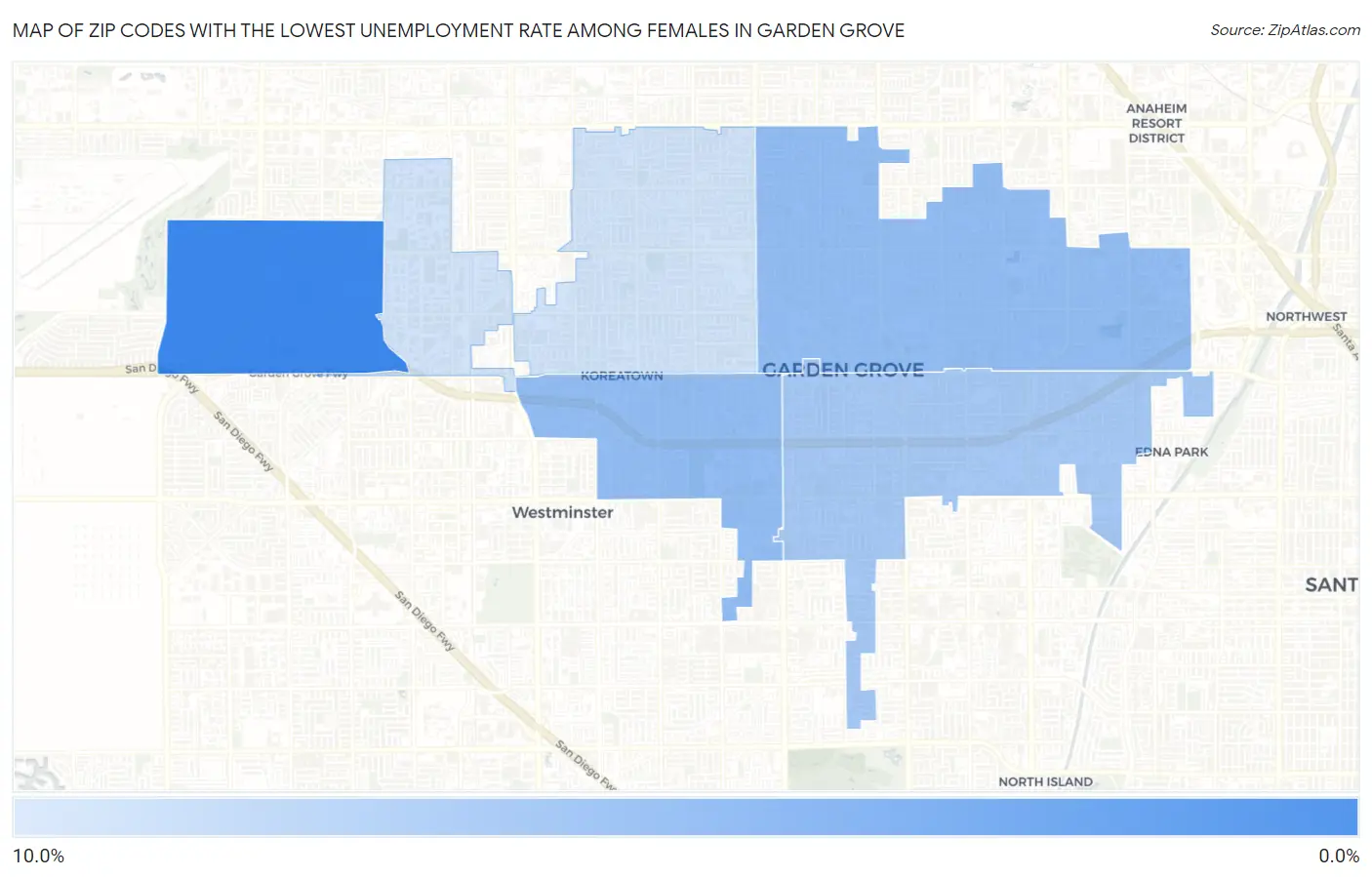 Zip Codes with the Lowest Unemployment Rate Among Females in Garden Grove Map