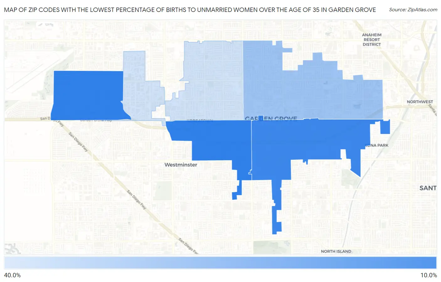 Zip Codes with the Lowest Percentage of Births to Unmarried Women over the Age of 35 in Garden Grove Map