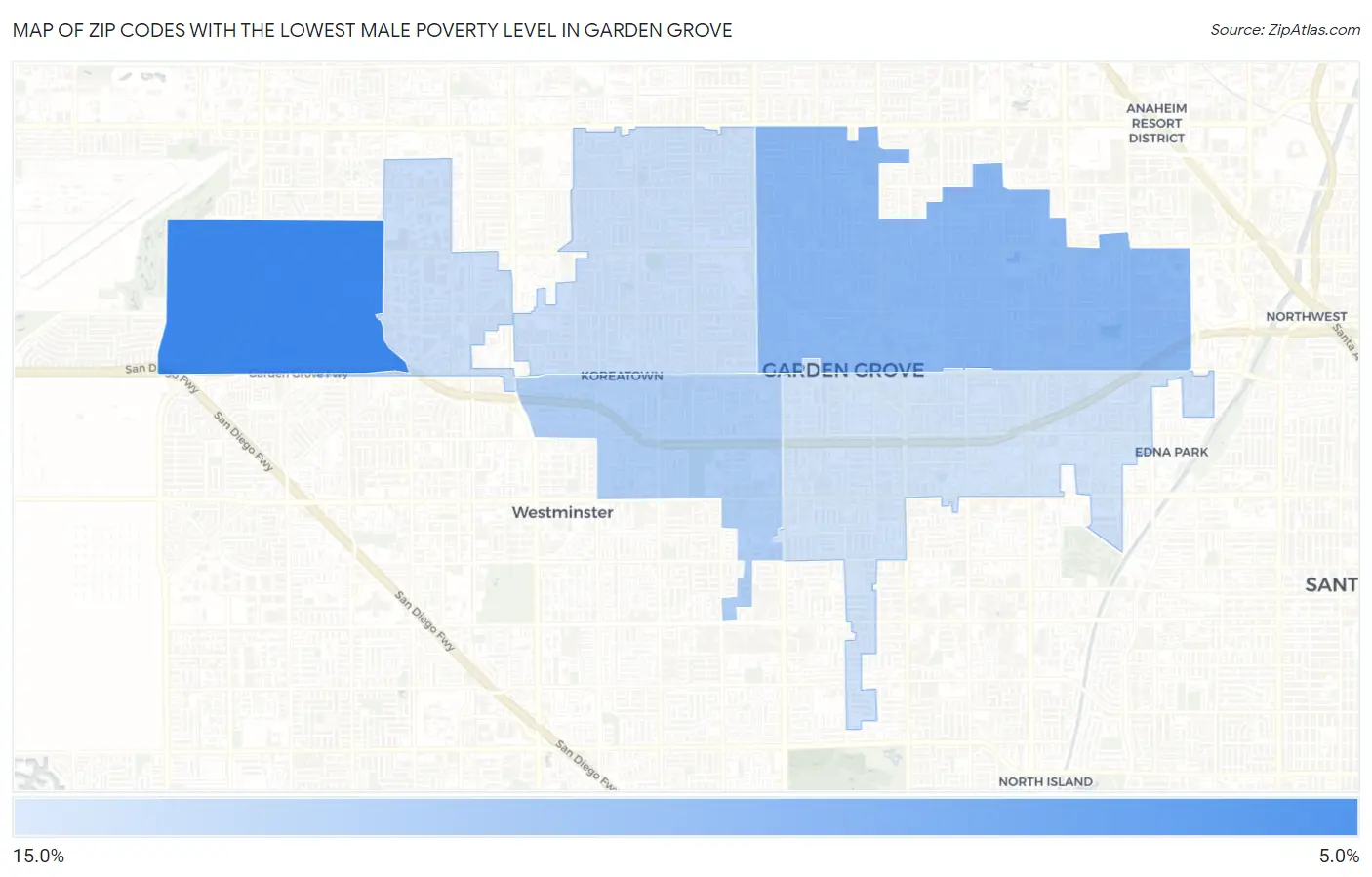 Zip Codes with the Lowest Male Poverty Level in Garden Grove Map