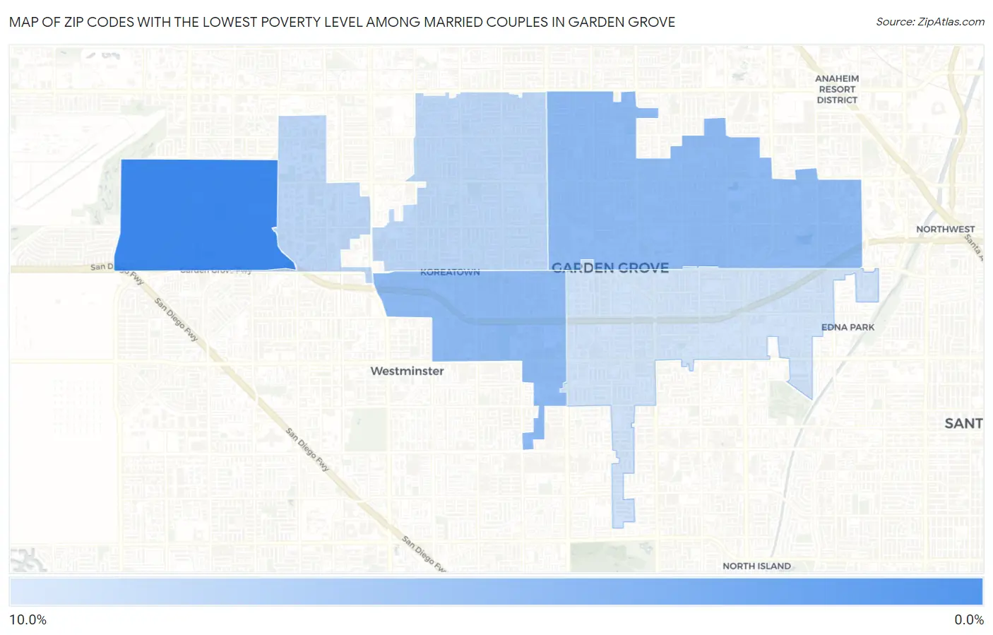Zip Codes with the Lowest Poverty Level Among Married Couples in Garden Grove Map