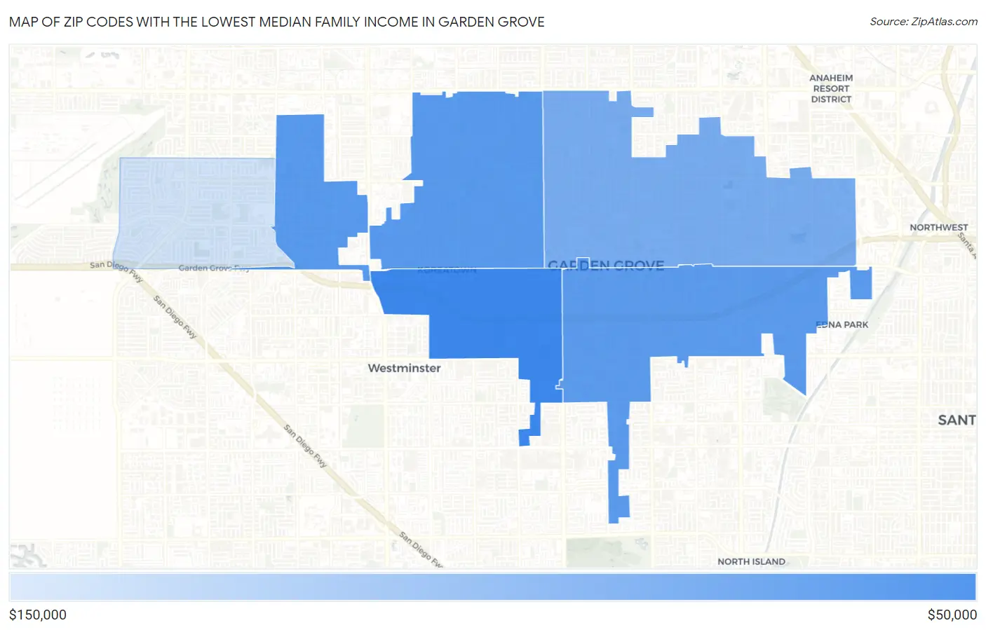 Zip Codes with the Lowest Median Family Income in Garden Grove Map