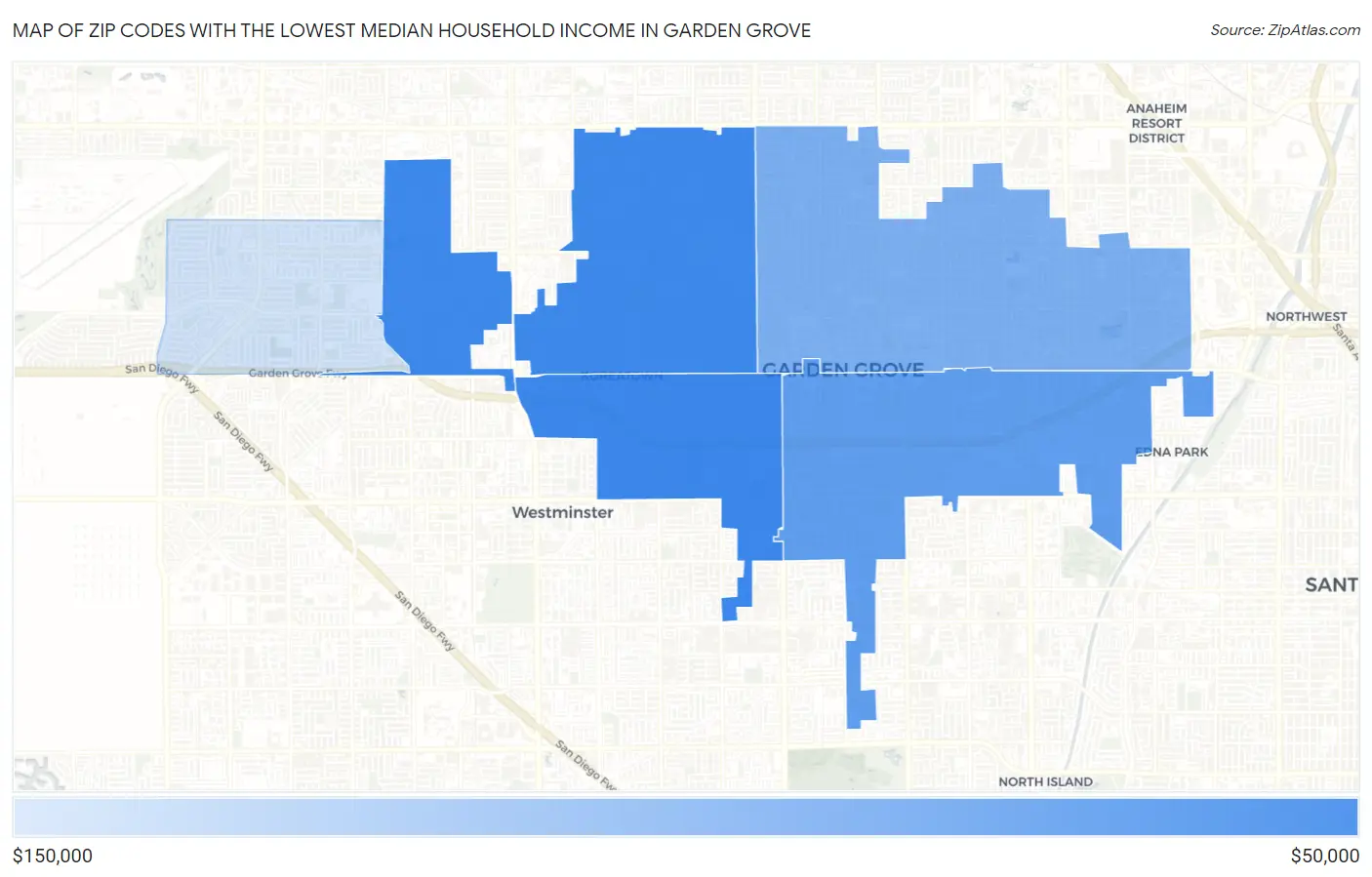 Zip Codes with the Lowest Median Household Income in Garden Grove Map