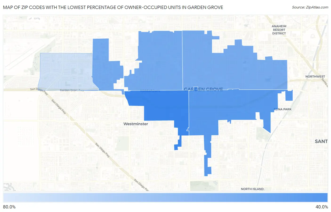 Zip Codes with the Lowest Percentage of Owner-Occupied Units in Garden Grove Map