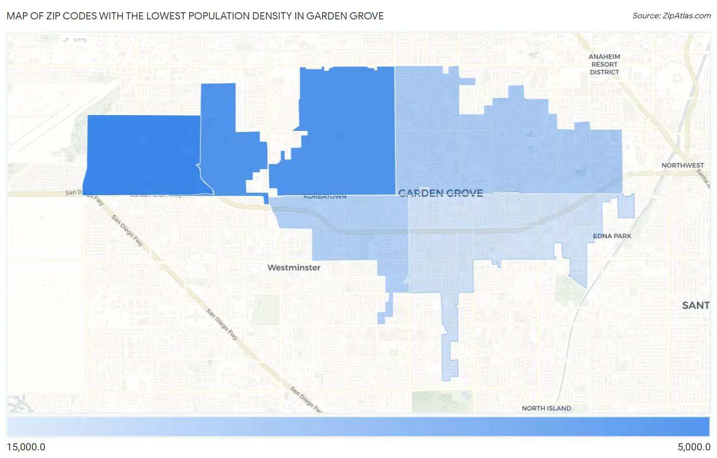 Zip Codes with the Lowest Population Density in Garden Grove Map