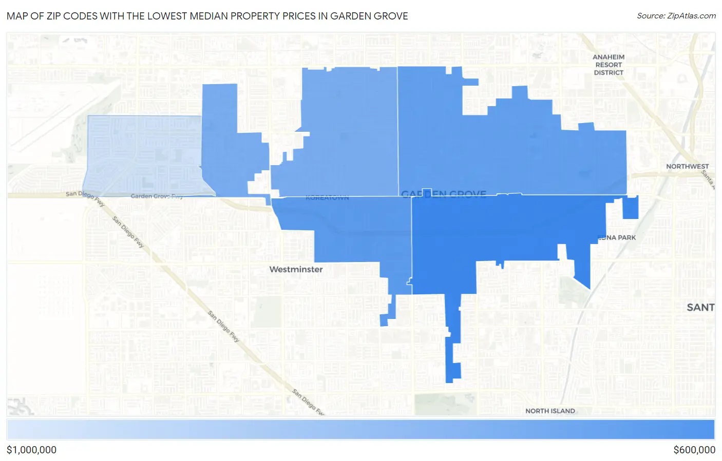 Zip Codes with the Lowest Median Property Prices in Garden Grove Map