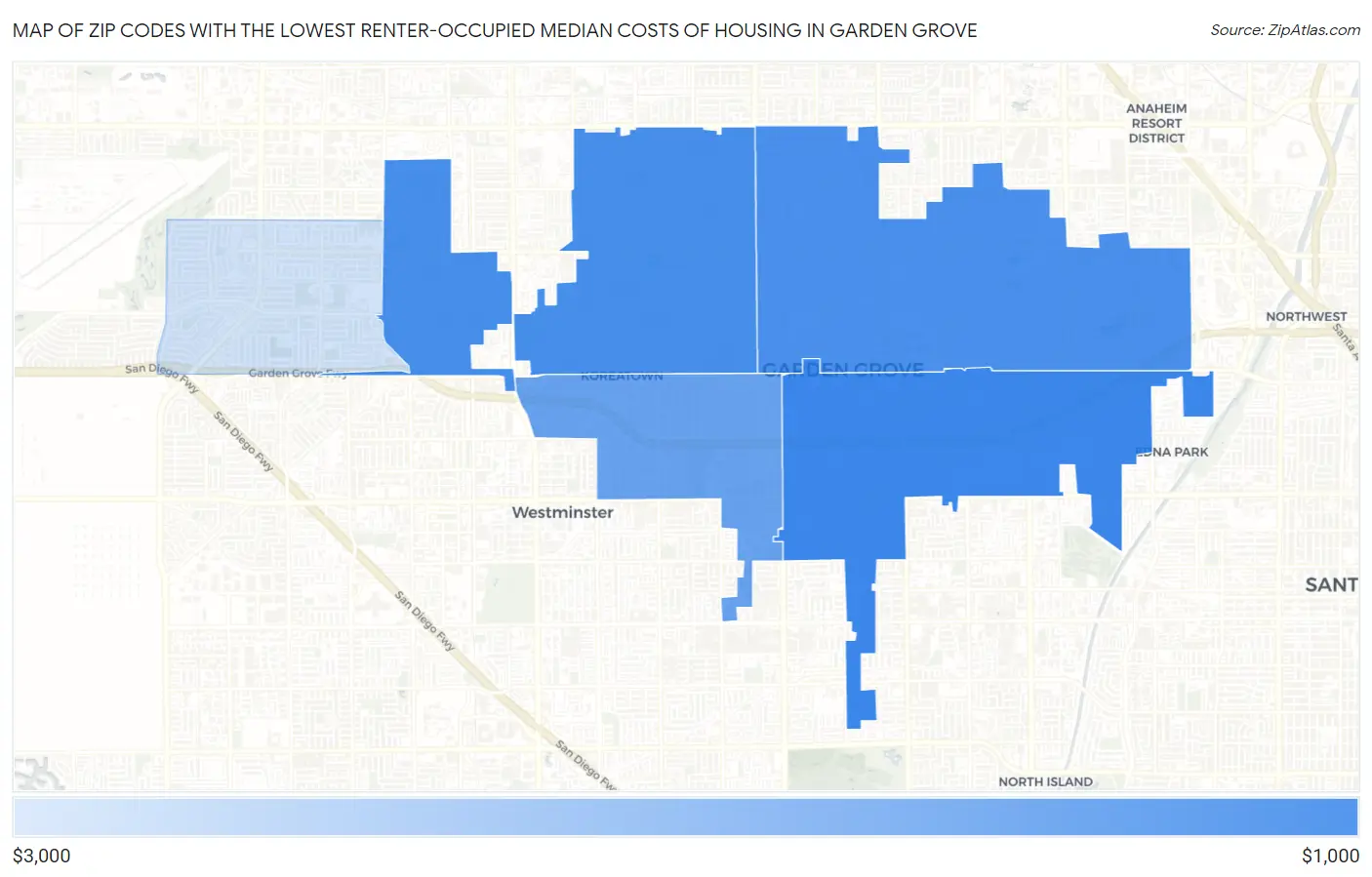 Zip Codes with the Lowest Renter-Occupied Median Costs of Housing in Garden Grove Map