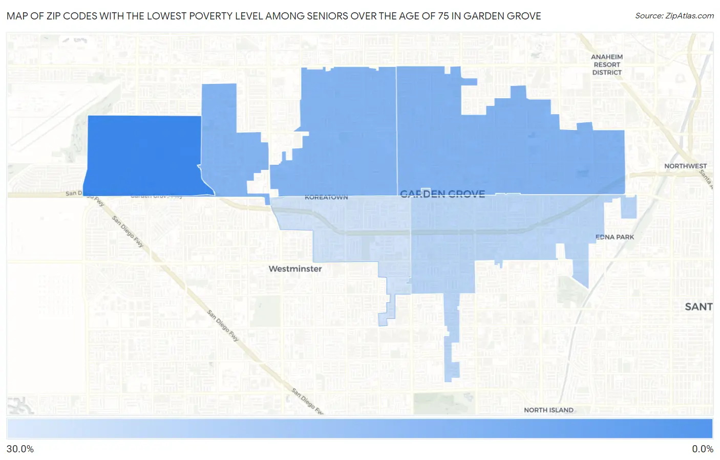 Zip Codes with the Lowest Poverty Level Among Seniors Over the Age of 75 in Garden Grove Map