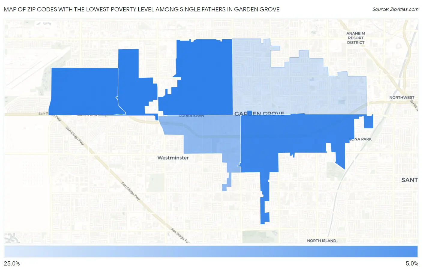 Zip Codes with the Lowest Poverty Level Among Single Fathers in Garden Grove Map