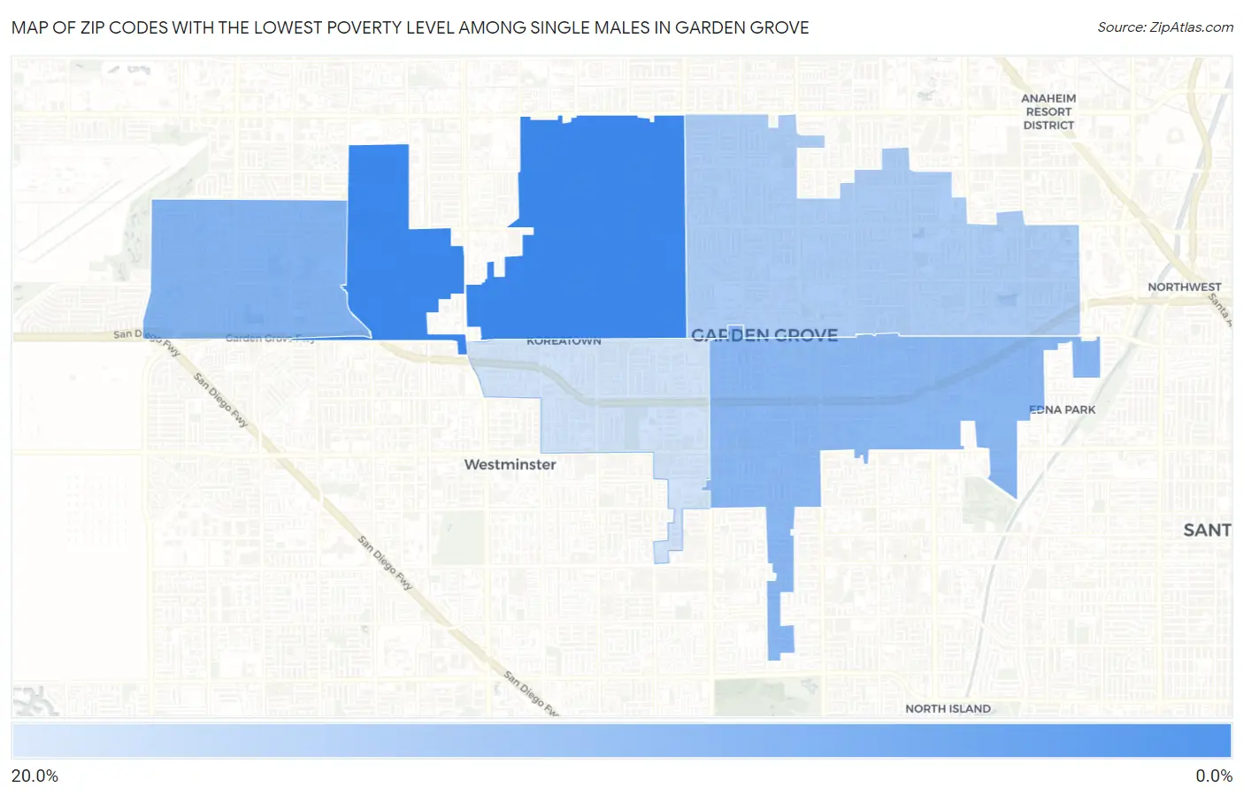 Zip Codes with the Lowest Poverty Level Among Single Males in Garden Grove Map
