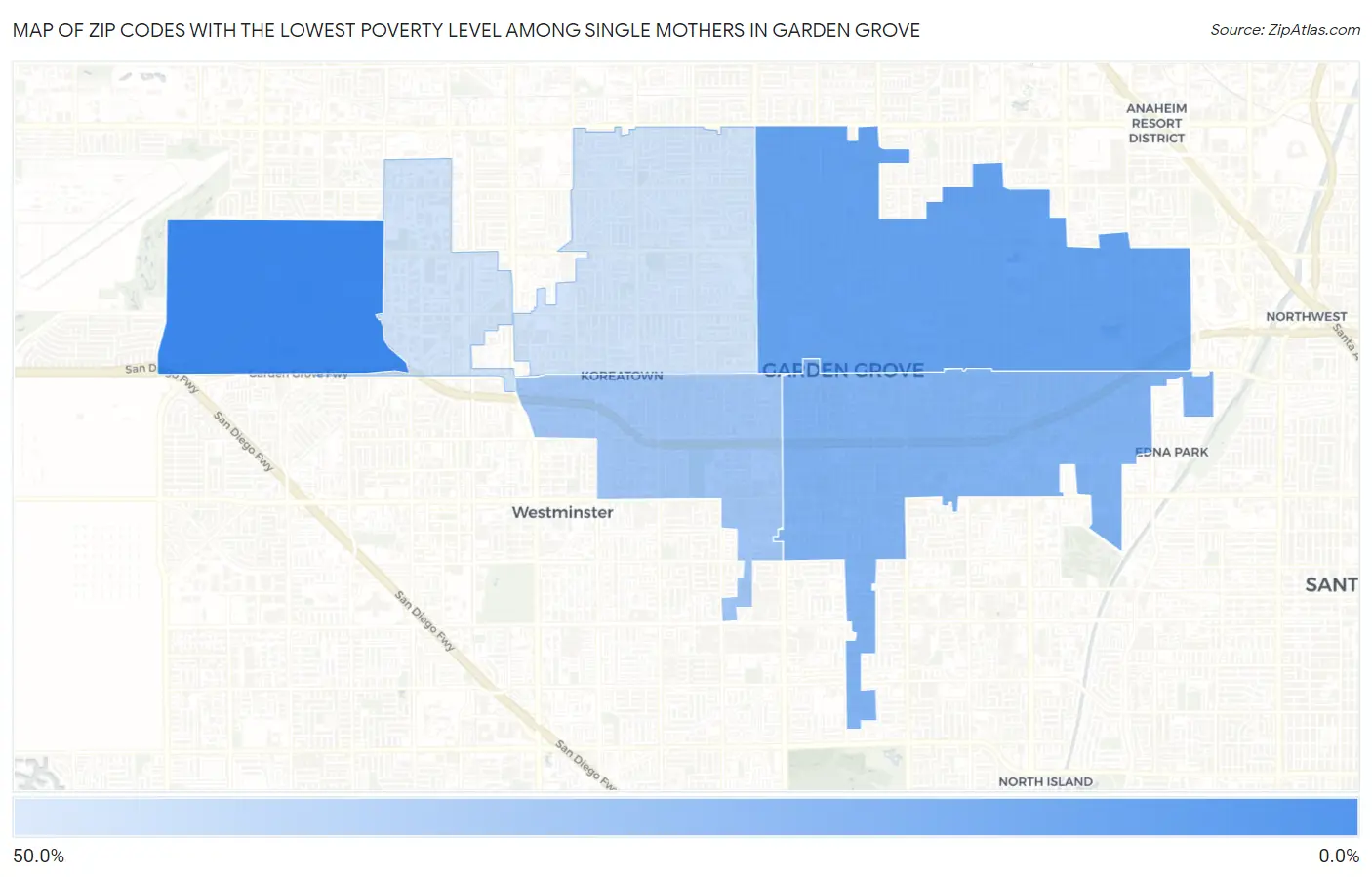 Zip Codes with the Lowest Poverty Level Among Single Mothers in Garden Grove Map