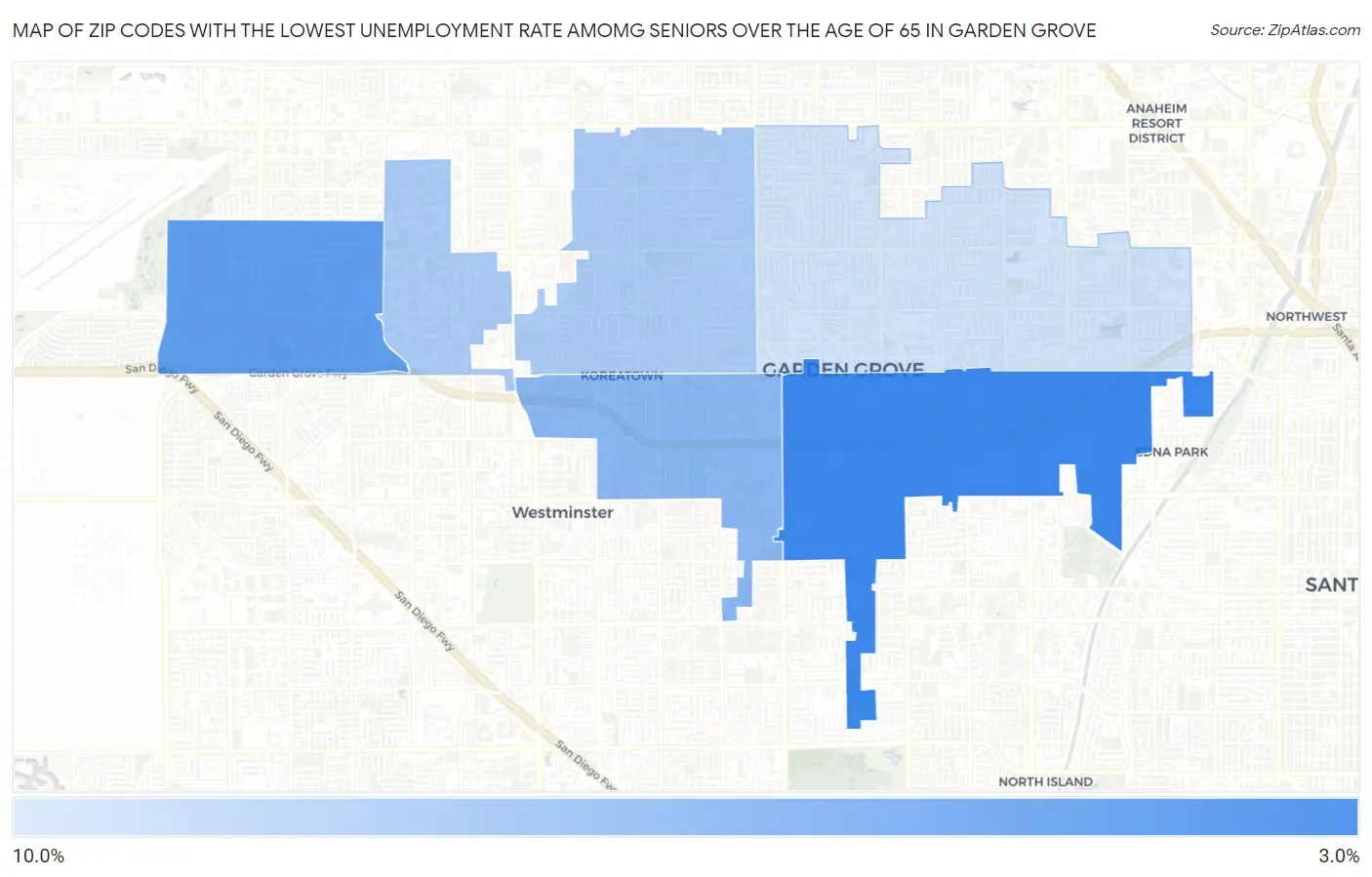 Zip Codes with the Lowest Unemployment Rate Amomg Seniors Over the Age of 65 in Garden Grove Map